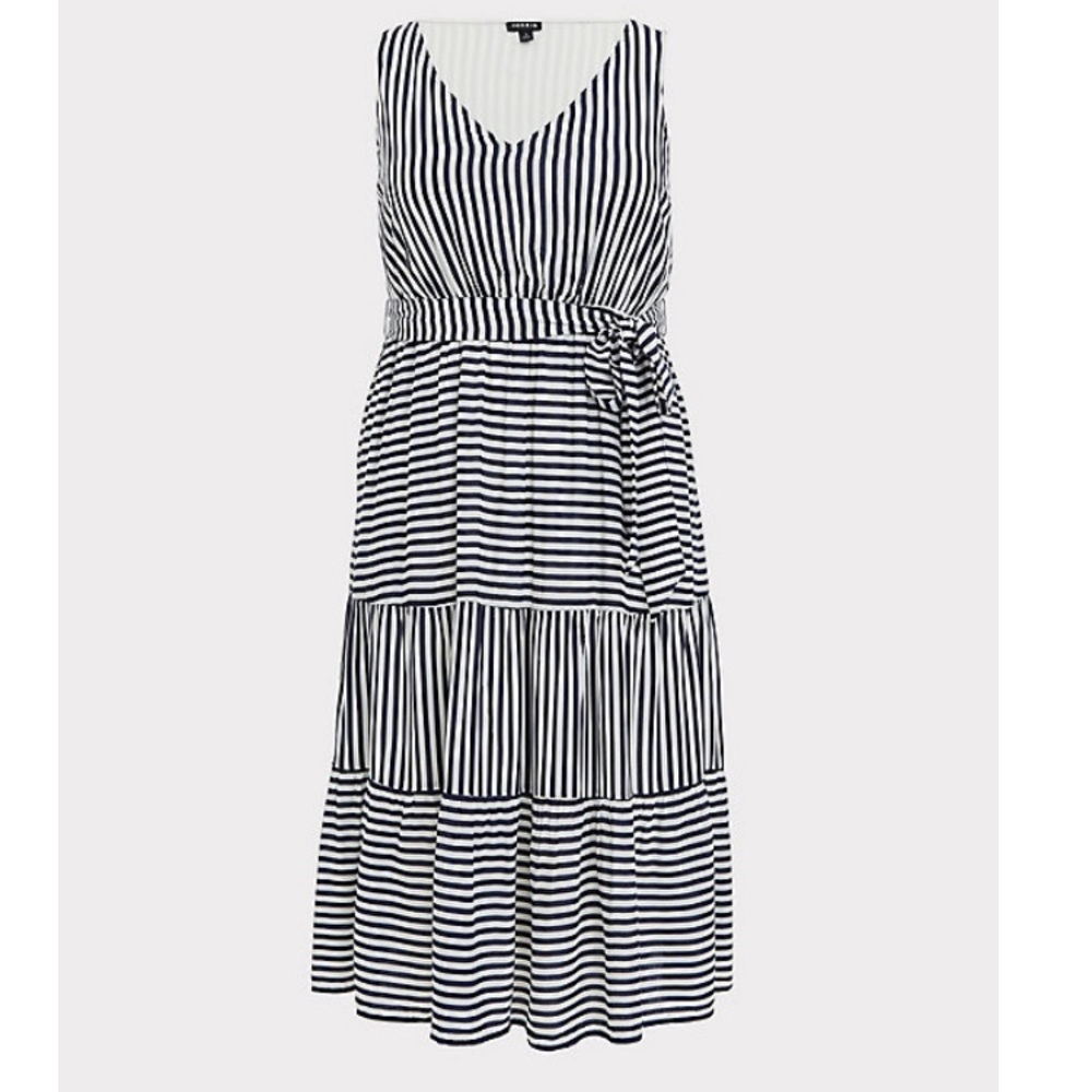 Navy & White Striped Tired Midi Dress